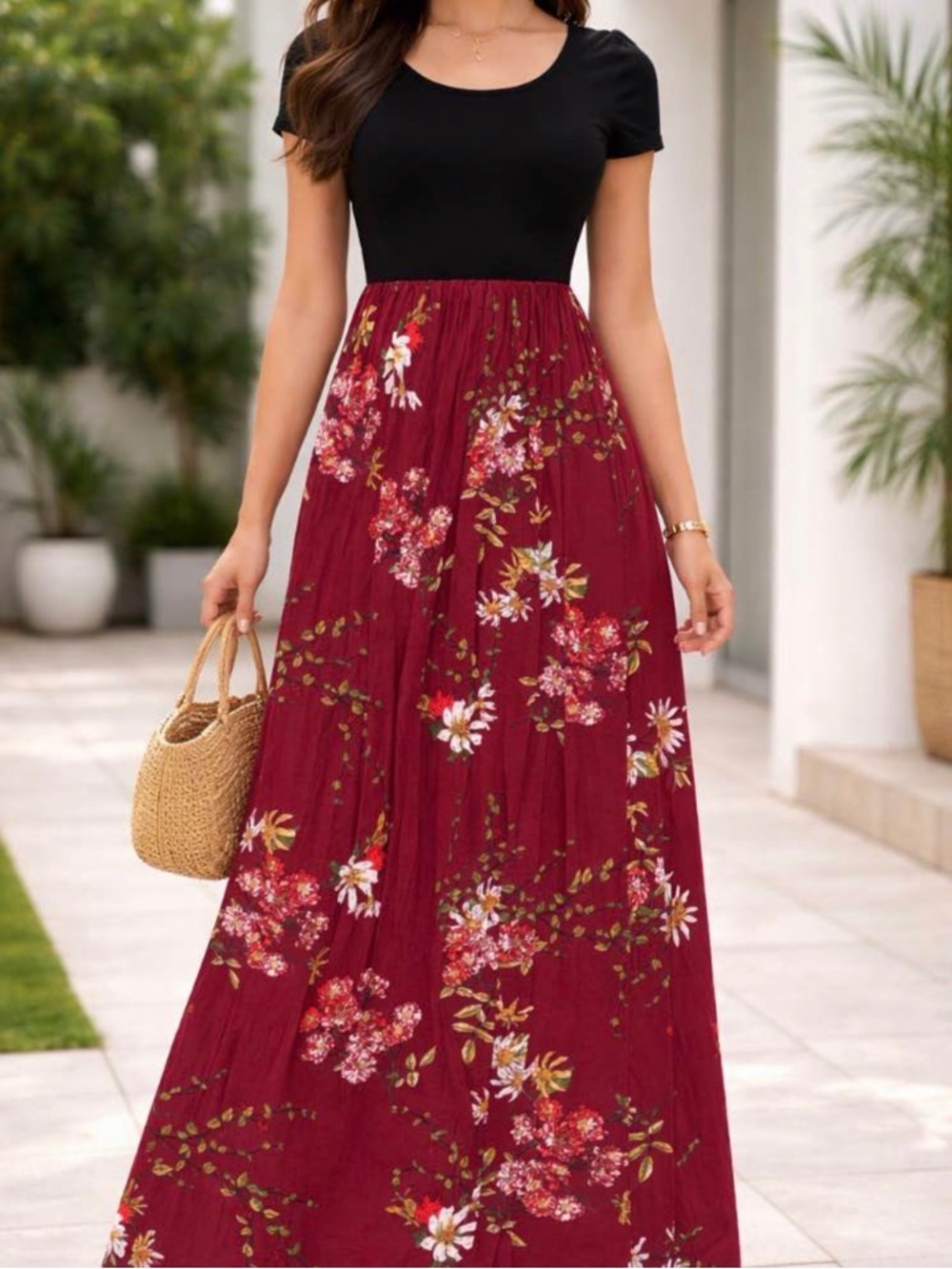 Floral maxi Dress in Burgundy & black size small